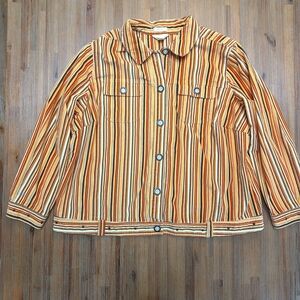 CJ Banks Striped Button-Up Jean Jacket in Yellow, Orange, Brown Stripes